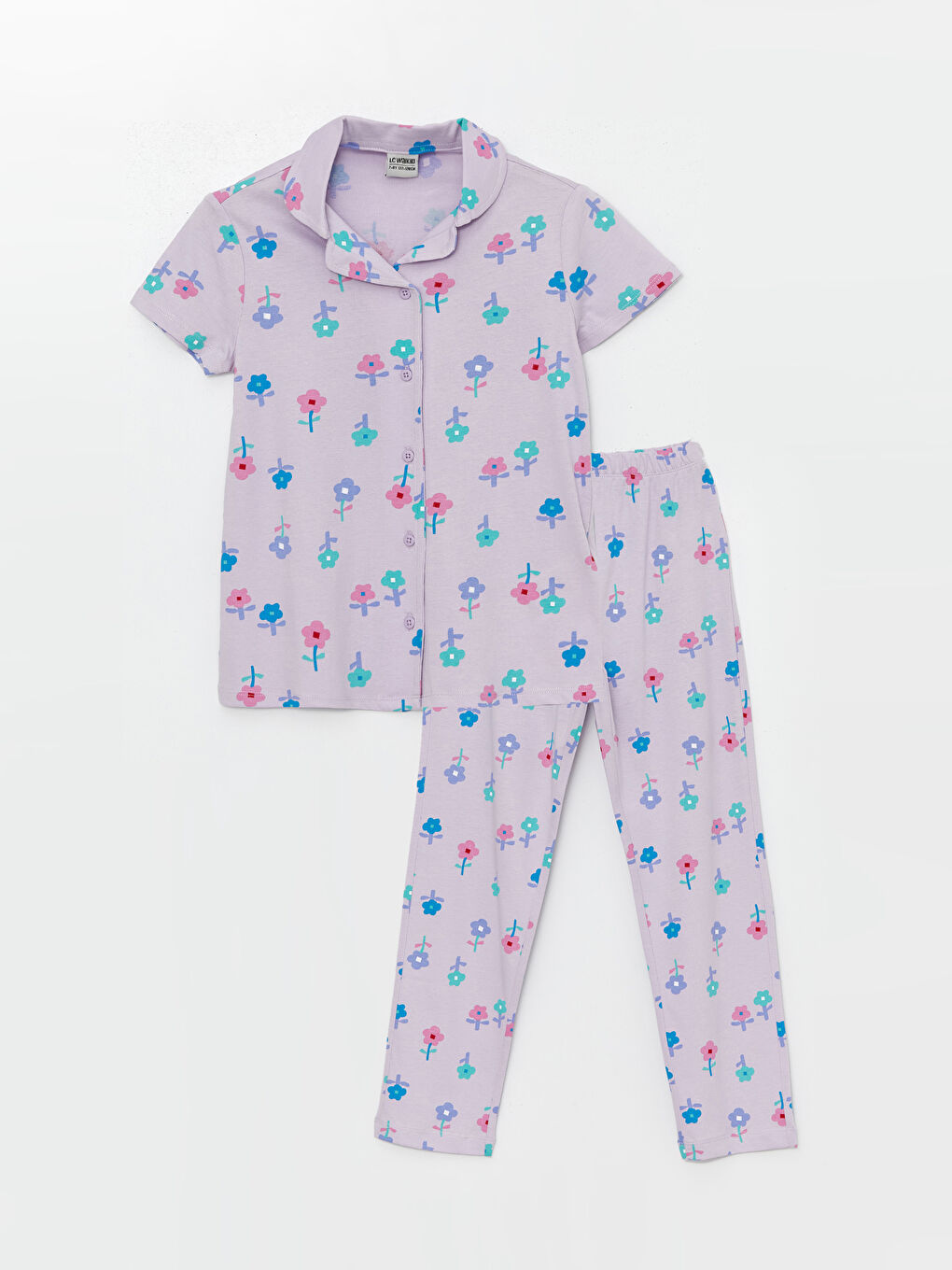 Shirt Collar Printed Short Sleeve Girls' Pyjama Set -S48805Z4-LSC