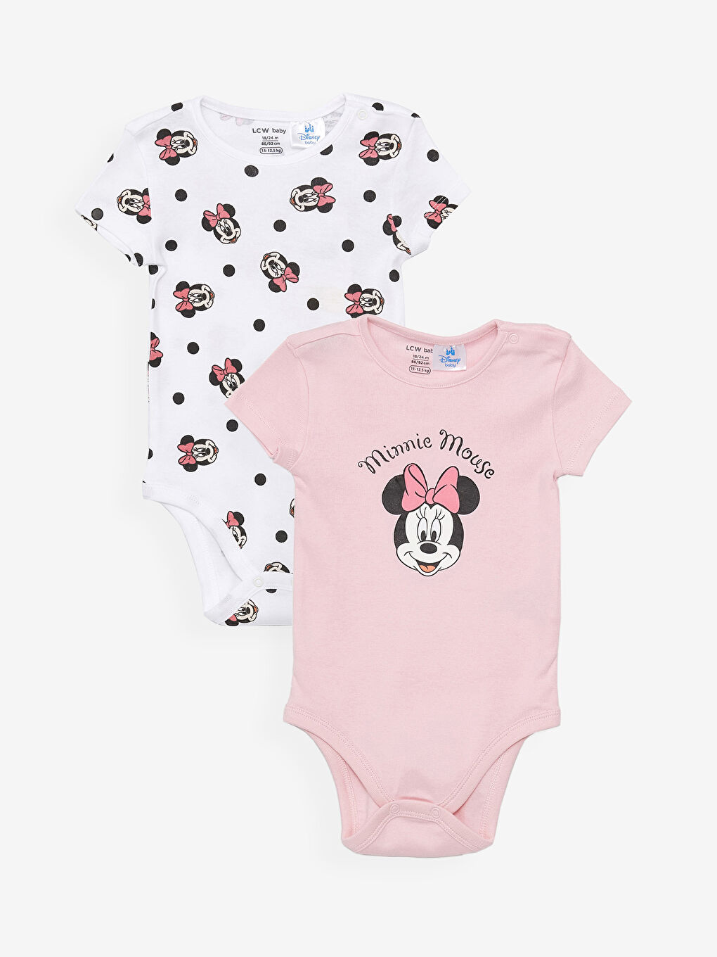 LCW baby Ekru Baskılı Bisiklet Yaka Kısa Kollu Minnie Mouse Baskılı Kız Bebek Çıtçıtlı Body 2'li