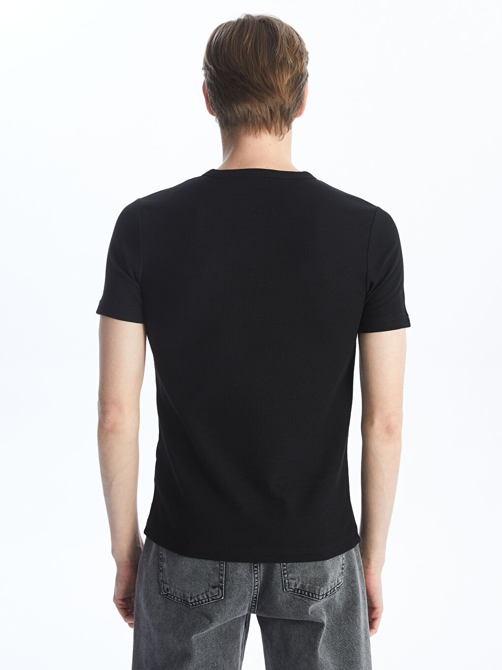 Siyah Bisiklet Yaka Kısa Kollu Erkek Dokulu Tişört-4