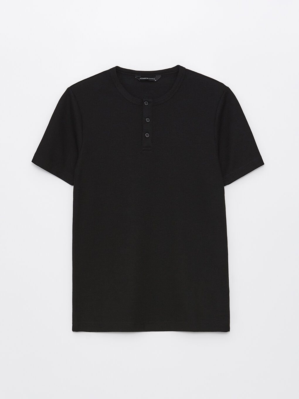 Siyah Bisiklet Yaka Kısa Kollu Erkek Dokulu Tişört-5