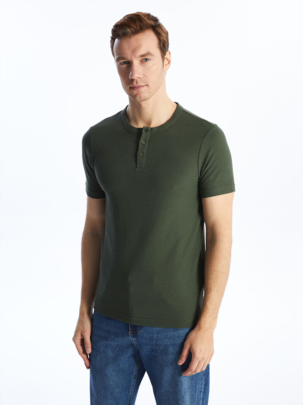 Haki Bisiklet Yaka Kısa Kollu Erkek Dokulu Tişört-1