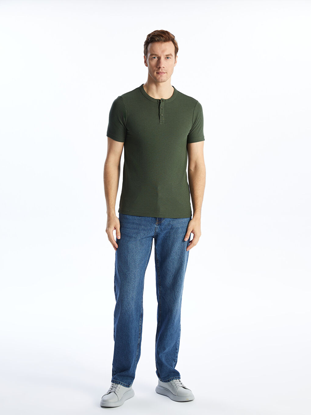 Haki Bisiklet Yaka Kısa Kollu Erkek Dokulu Tişört-2