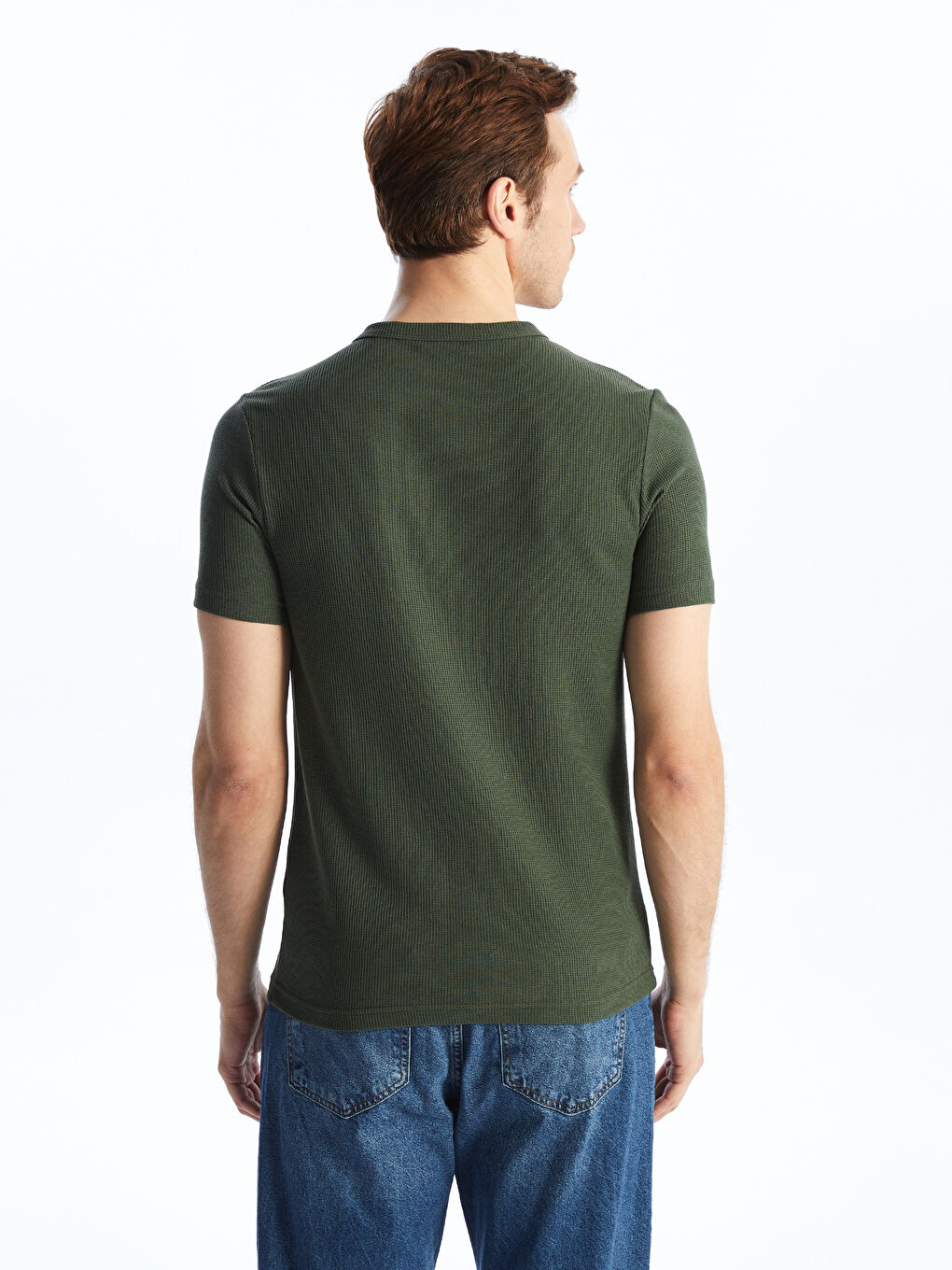 Haki Bisiklet Yaka Kısa Kollu Erkek Dokulu Tişört-4