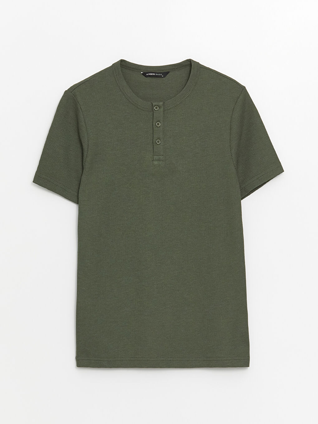 Haki Bisiklet Yaka Kısa Kollu Erkek Dokulu Tişört-5