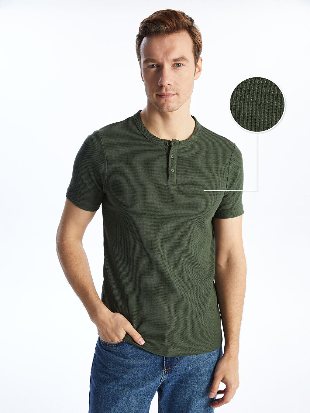 Haki Bisiklet Yaka Kısa Kollu Erkek Dokulu Tişört