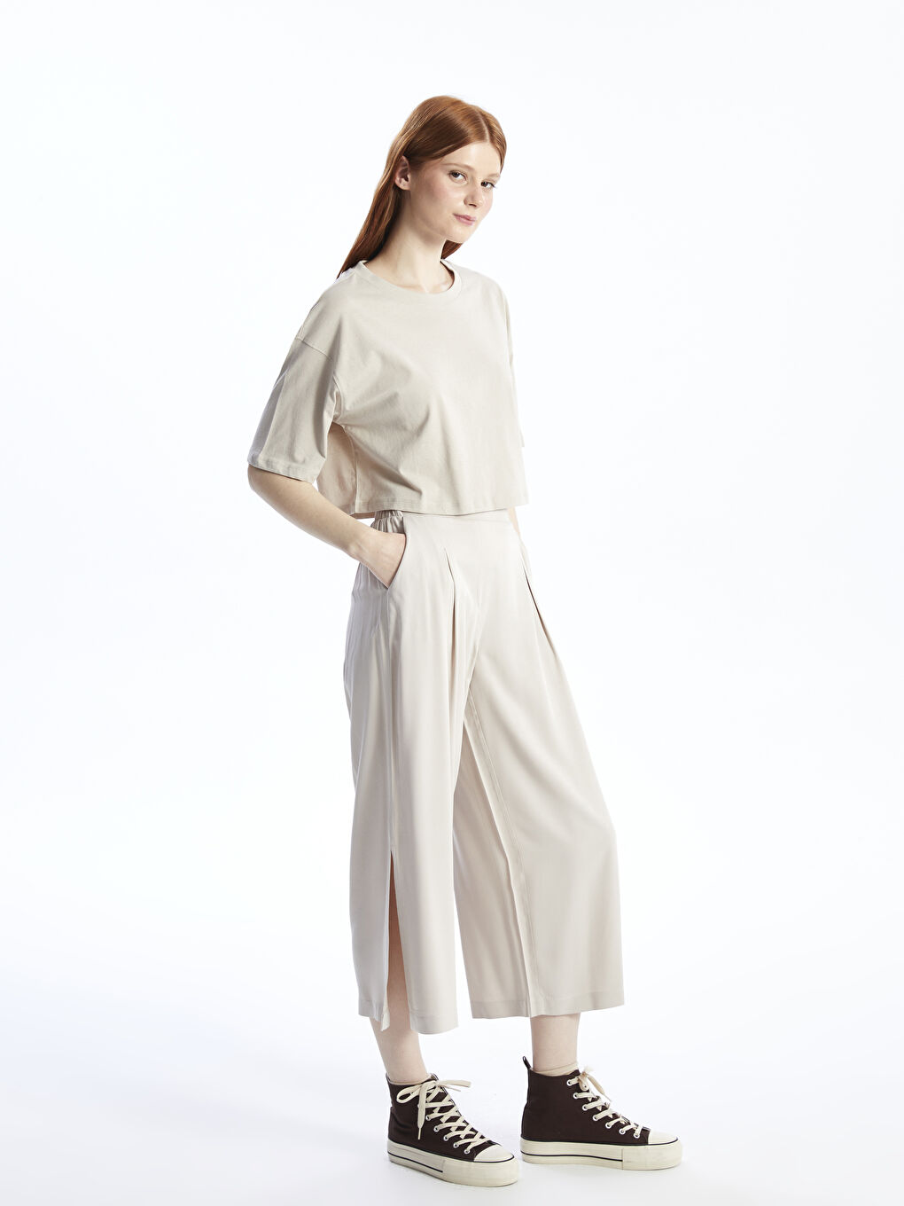 XSIDE Elasticated Waist Plain Wide Leg Women's Trousers -S48926Z8-CTL