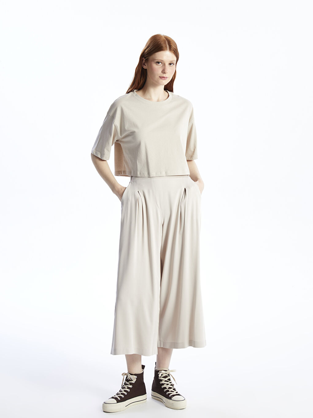 XSIDE Elasticated Waist Plain Wide Leg Women's Trousers -S48926Z8-CTL