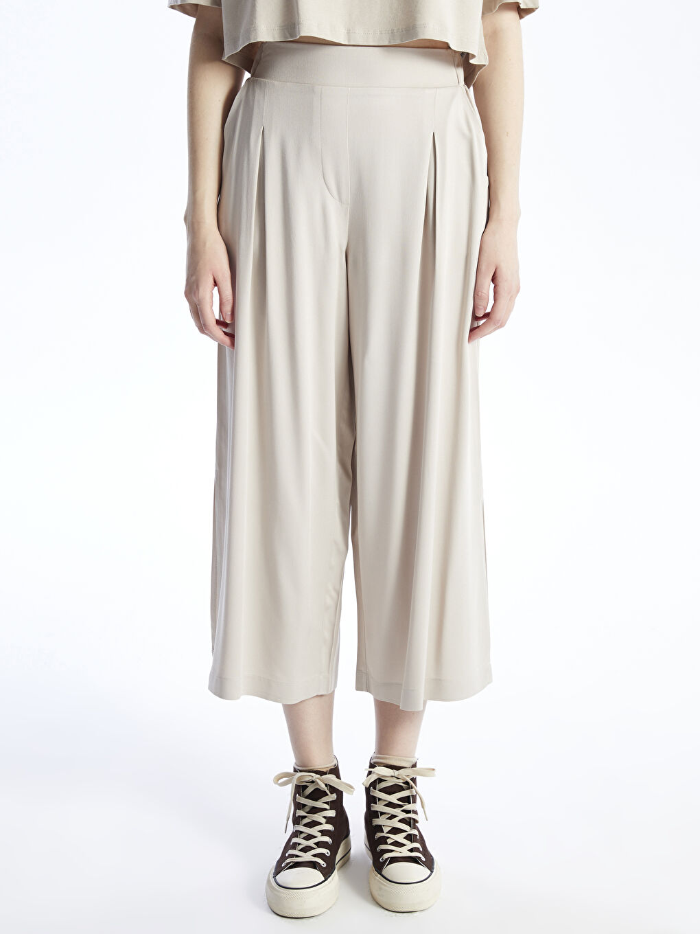 XSIDE Elasticated Waist Plain Wide Leg Women's Trousers -S48926Z8-CTL