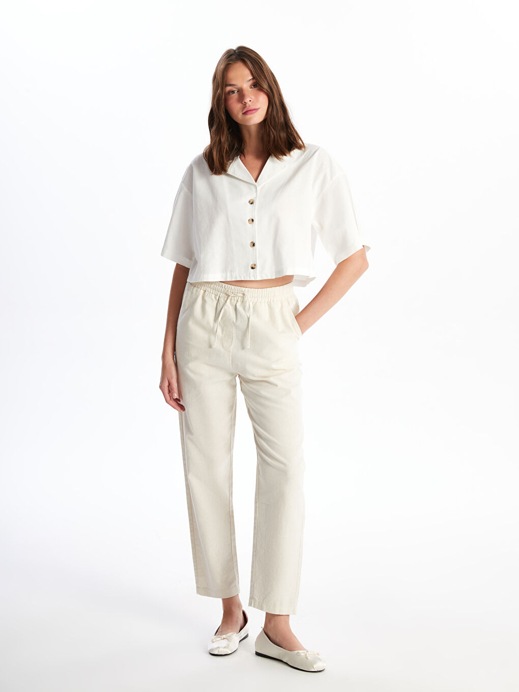 Elasticated Waist Plain Linen Blend Women's Trousers -S48946Z8-YB2