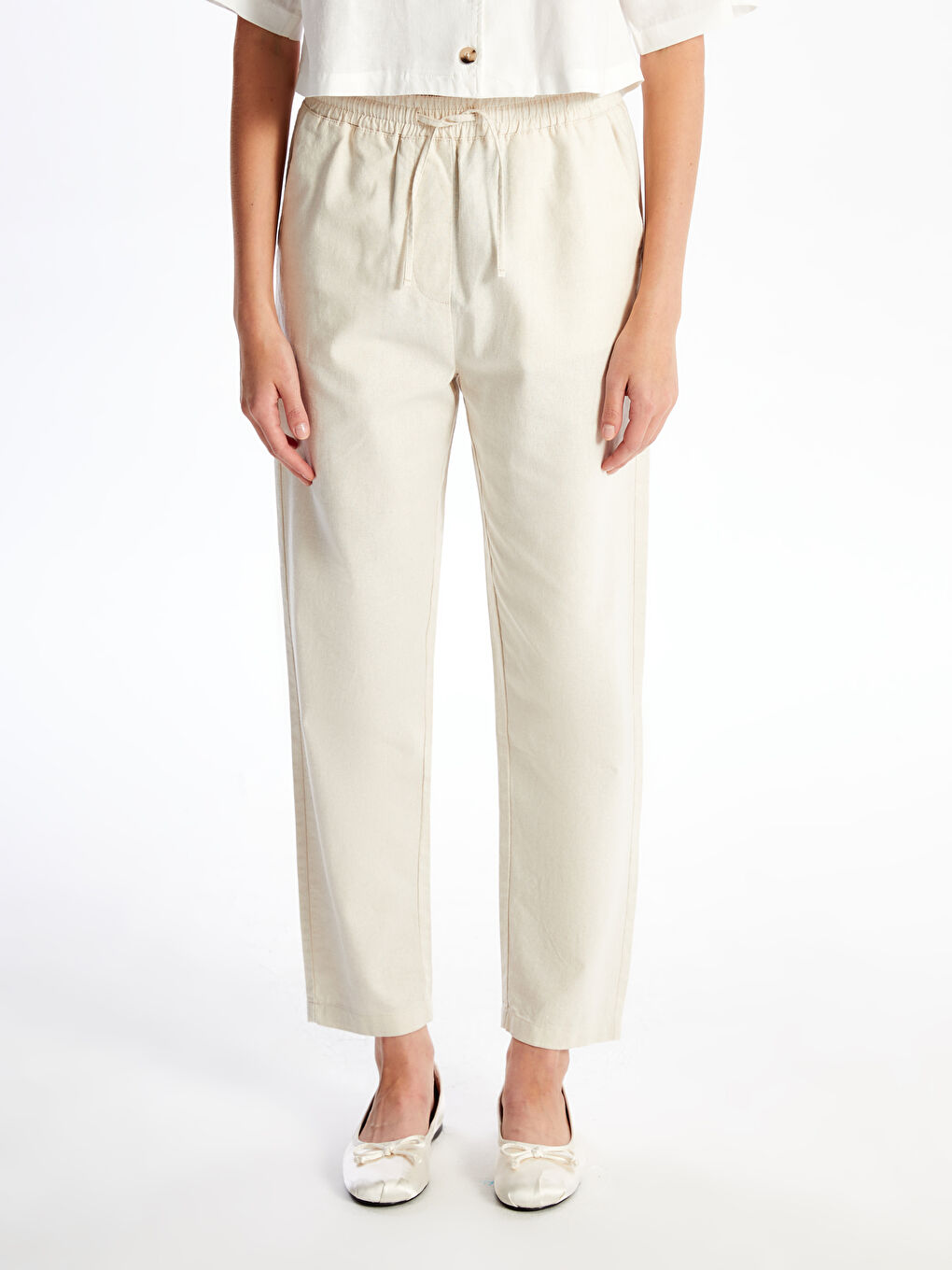 Elasticated Waist Plain Linen Blend Women's Trousers -S48946Z8-YB2