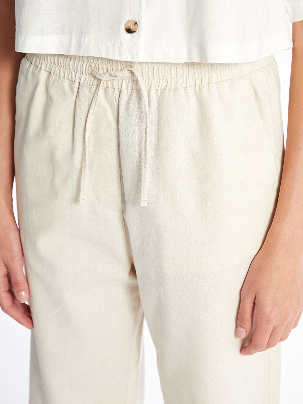 Elasticated Waist Plain Linen Blend Women's Trousers -S48946Z8-YB2