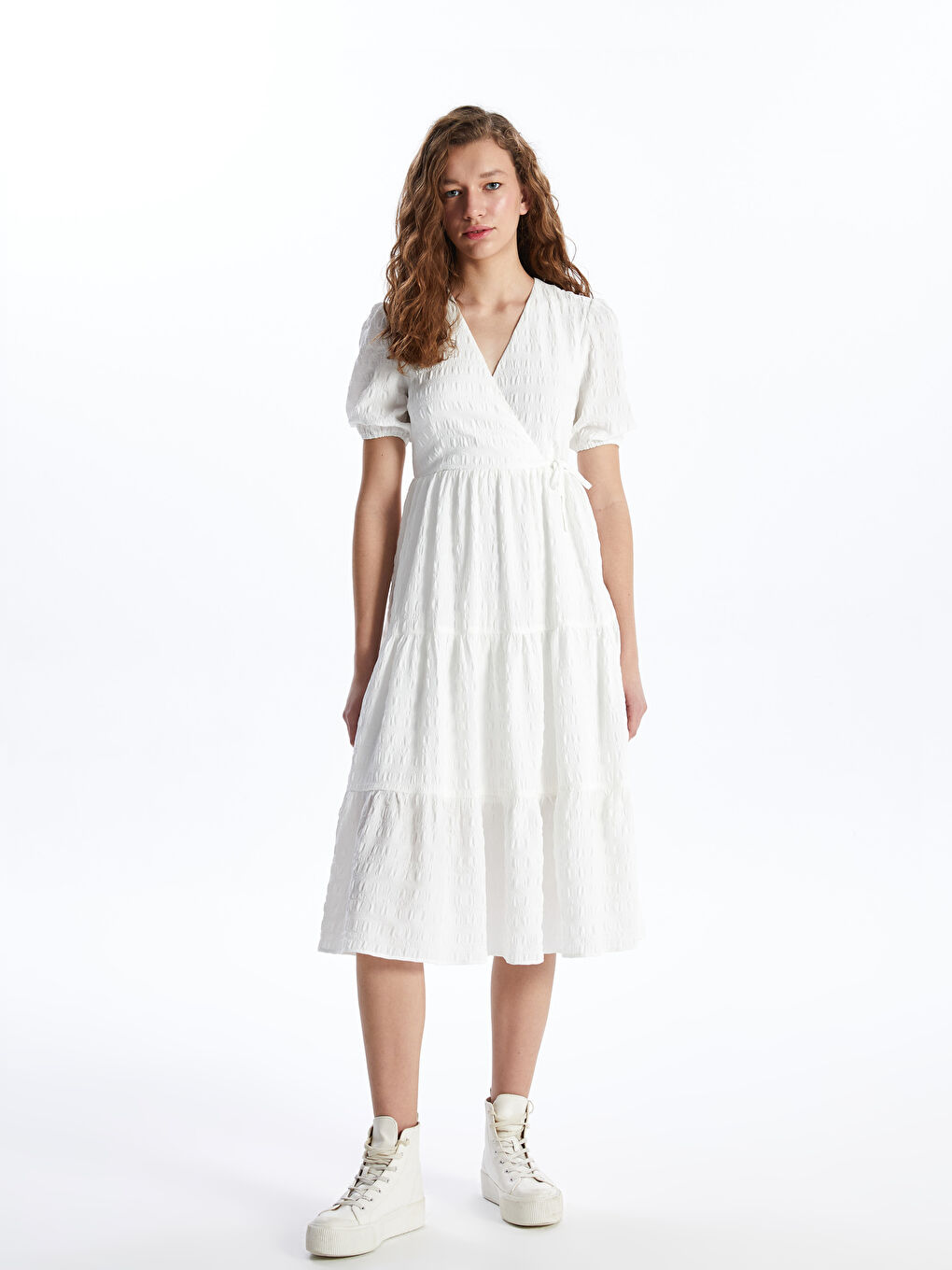 Double Breasted Collar Plain Short Sleeve Women's Dress -S48972Z8-KE8