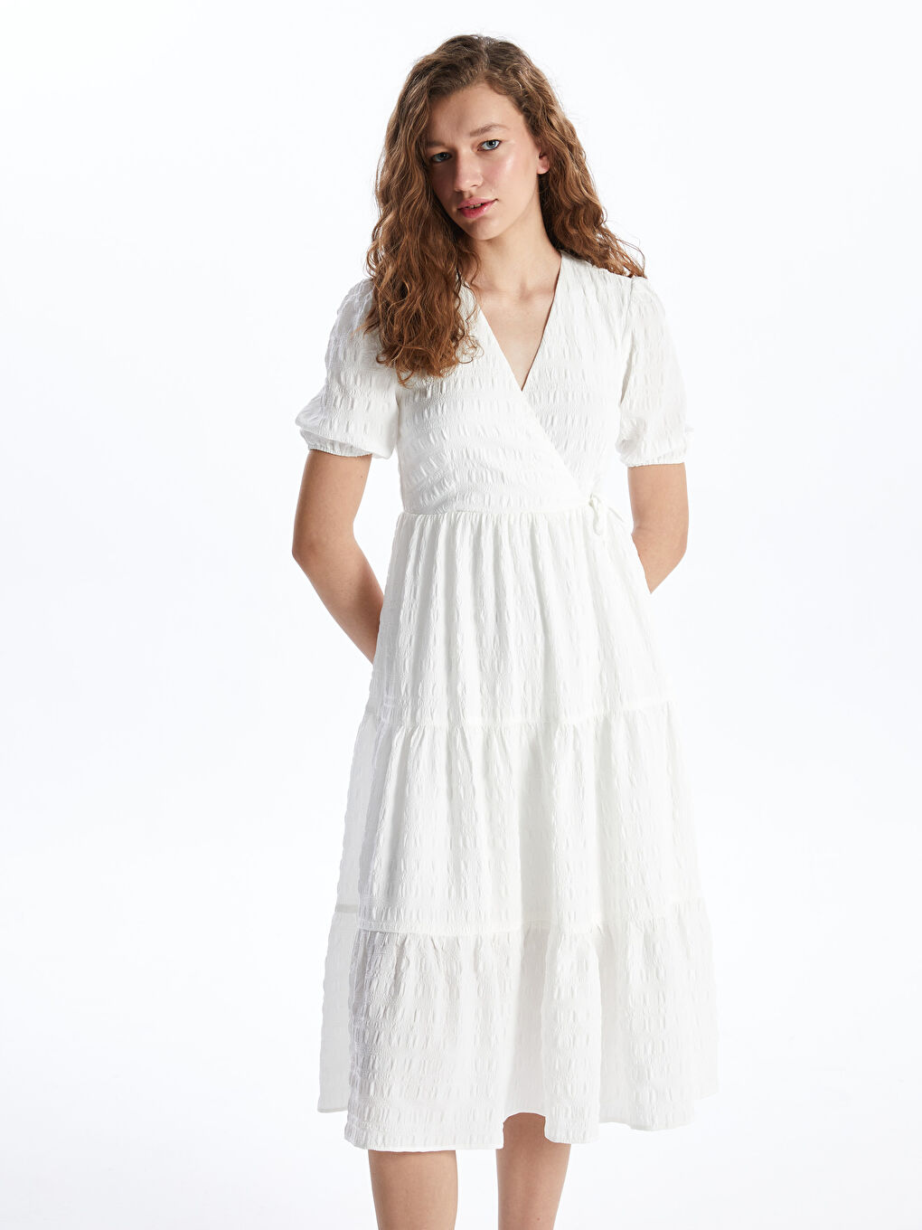 Double Breasted Collar Plain Short Sleeve Women's Dress -S48972Z8-KE8