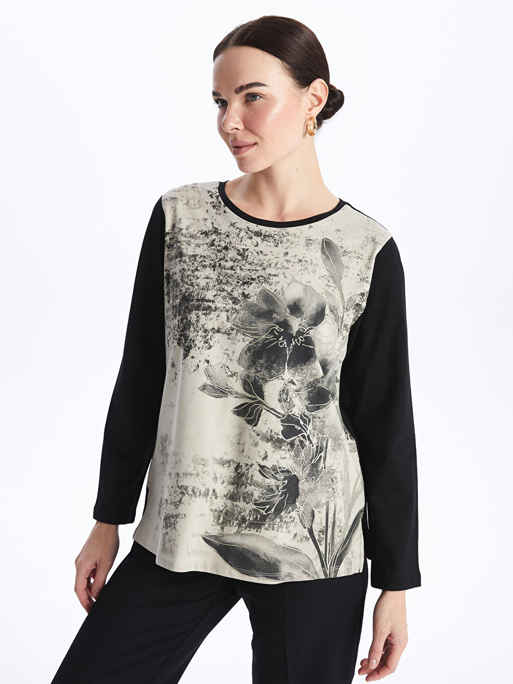 Crew Neck Patterned Long Sleeve Women's T-shirt -S49038Z8-CVL