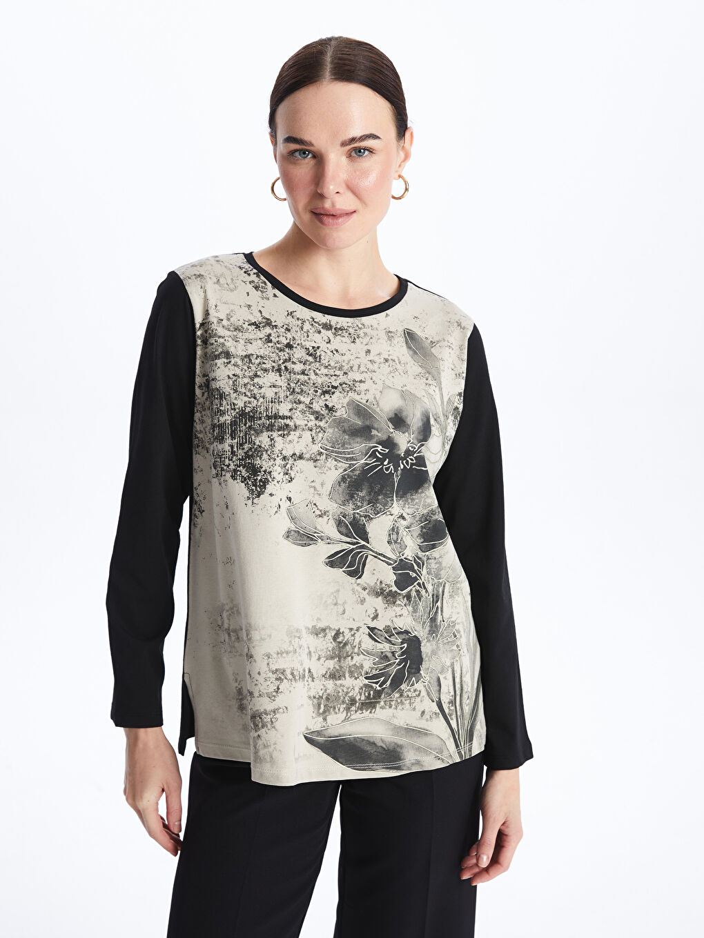 Crew Neck Patterned Long Sleeve Women's T-shirt -S49038Z8-CVL