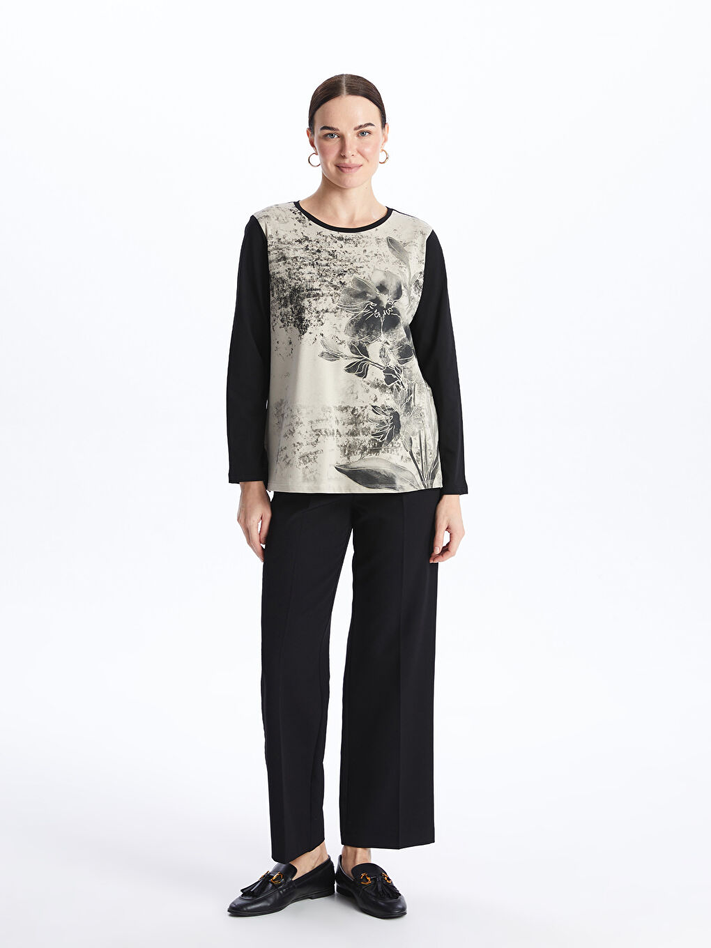 Crew Neck Patterned Long Sleeve Women's T-shirt -S49038Z8-CVL