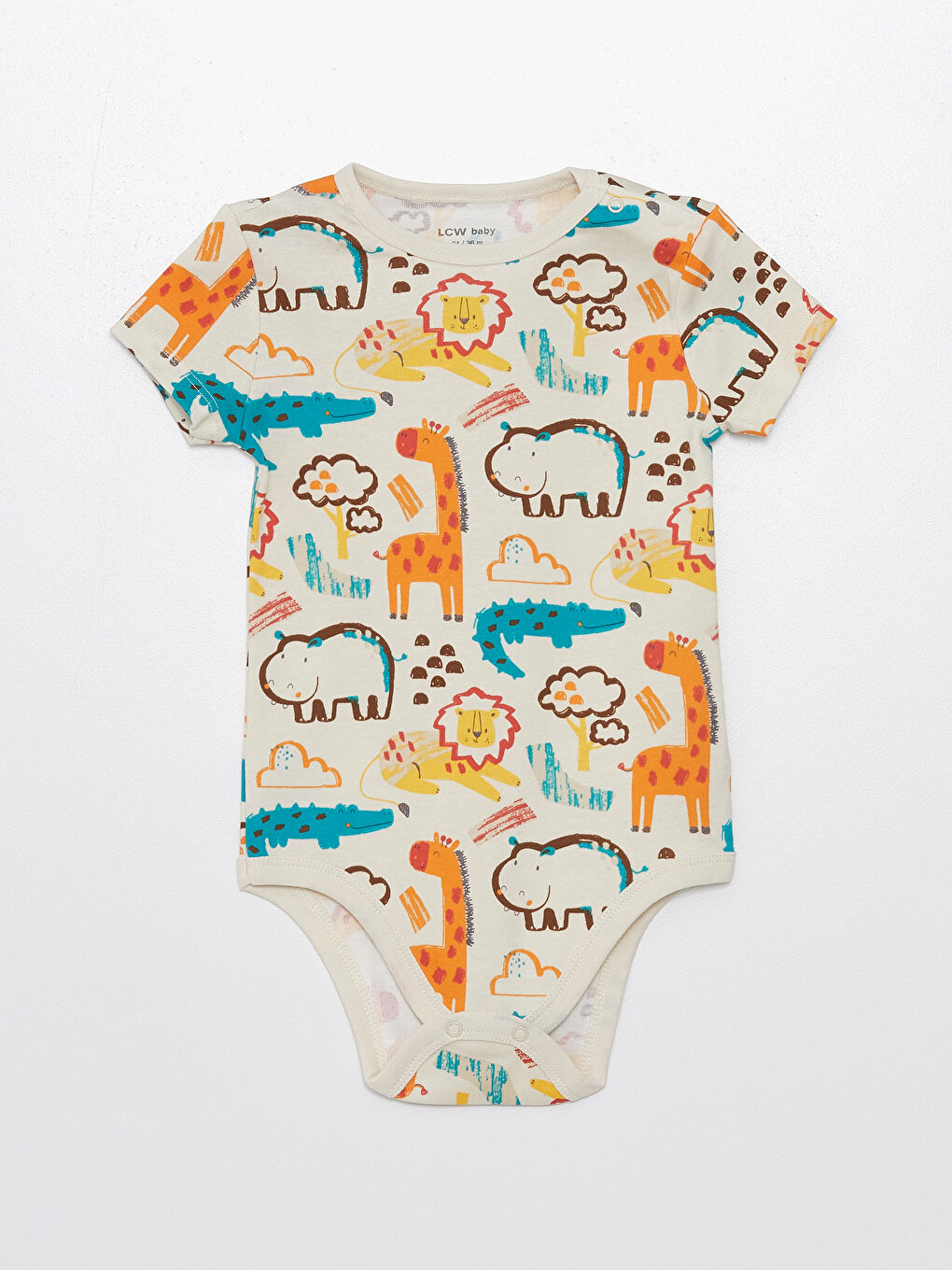 Ekru Bisiklet Yaka Kısa Kollu Baskılı Erkek Bebek Çıtçıtlı Bodysuit