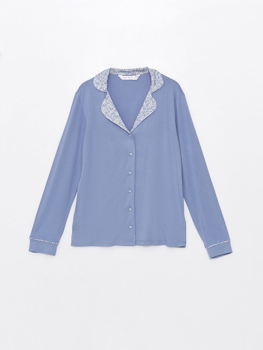 Mavi Gömlek Yaka Düz Uzun Kollu Kadın Pijama Üstü