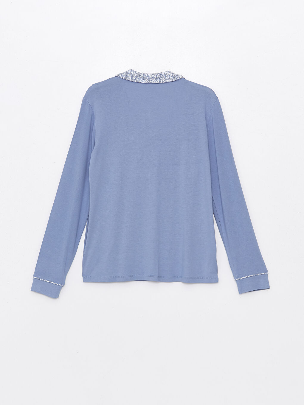 Mavi Gömlek Yaka Düz Uzun Kollu Kadın Pijama Üstü-1