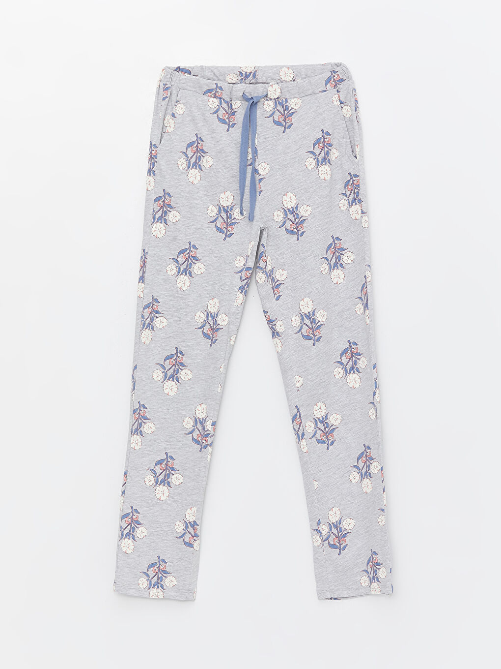 Gri Beli Lastikli Çiçekli Kadın Pijama Alt