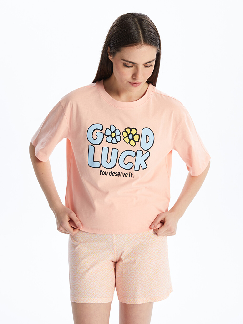 Crew Neck Printed Short Sleeve Women's Short Pyjamas Set