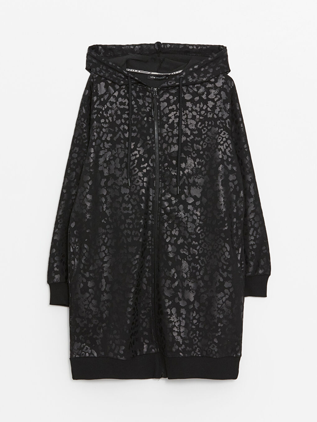 Siyah Kapüşonlu Desenli Uzun Kollu Oversize Kadın Fermuarlı Sweatshirt-5