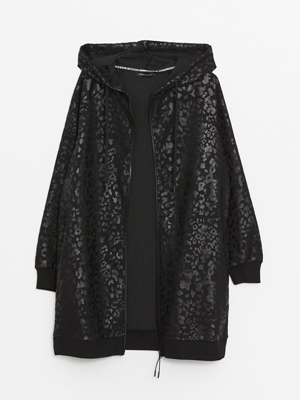 Siyah Kapüşonlu Desenli Uzun Kollu Oversize Kadın Fermuarlı Sweatshirt-6