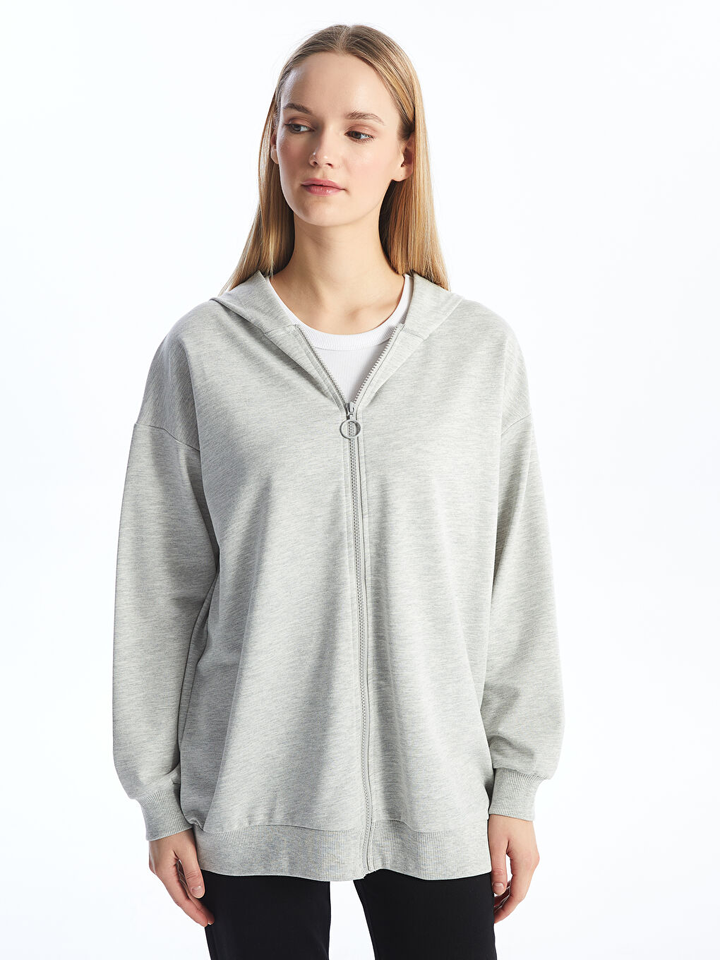 LCW Modest Grey Mel - Lacivert Kapüşonlu Düz Uzun Kollu Kadın Fermuarlı Sweatshirt