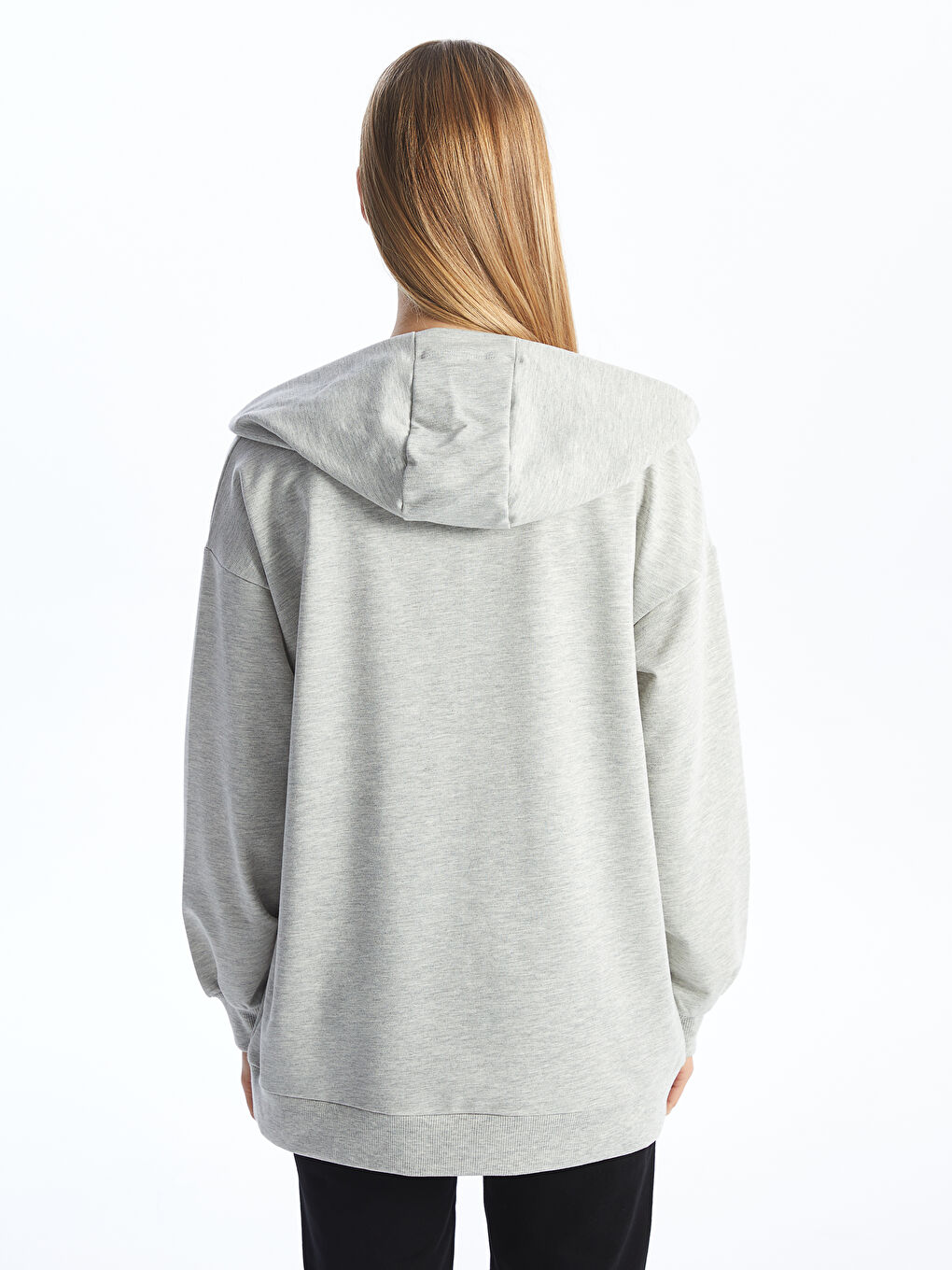 LCW Modest Grey Mel - Lacivert Kapüşonlu Düz Uzun Kollu Kadın Fermuarlı Sweatshirt - 4