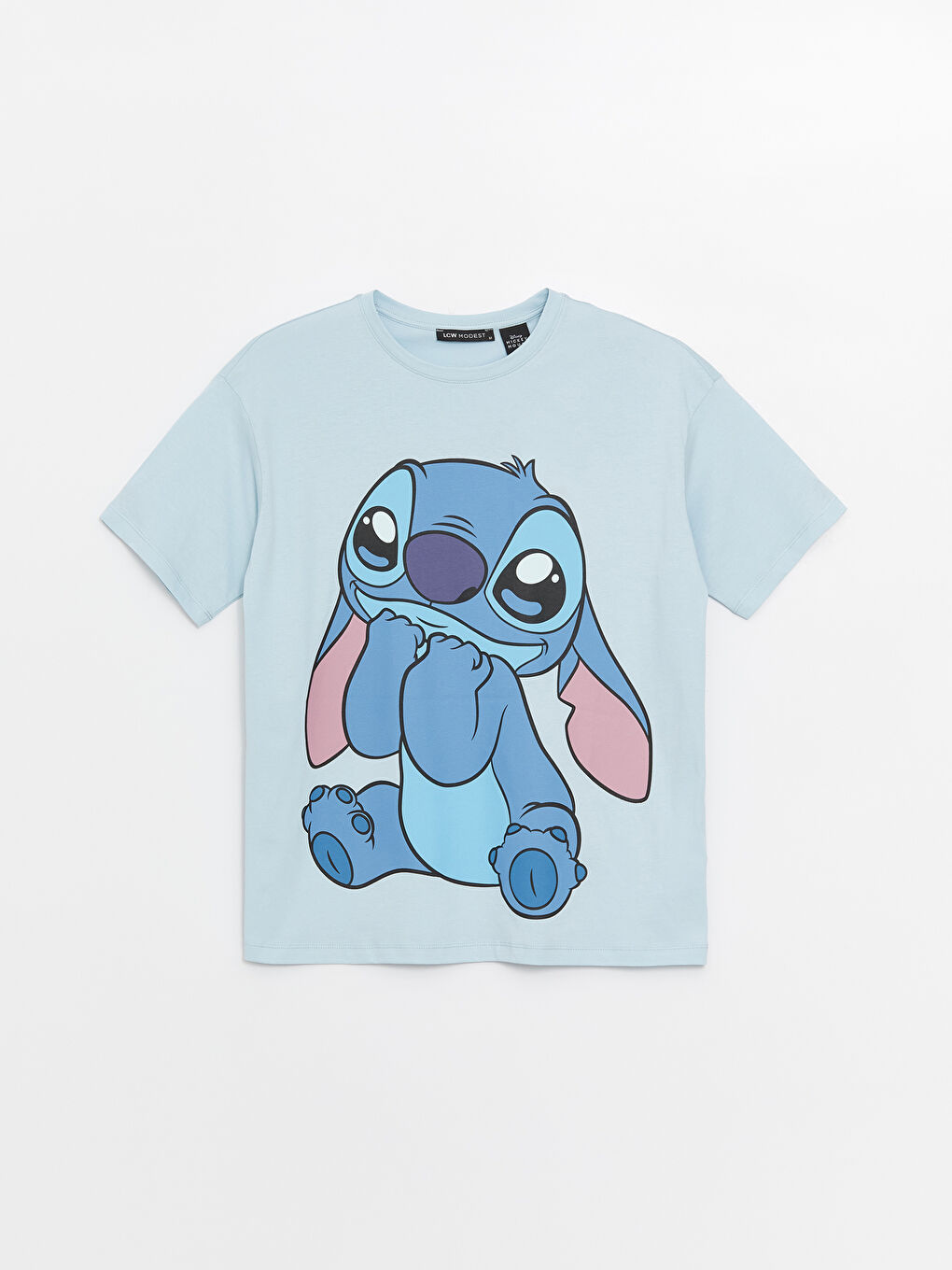 LCW Modest Mavi Bisiklet Yaka Lilo & Stitch Baskılı Kısa Kollu Oversize Kadın Tişört - 5