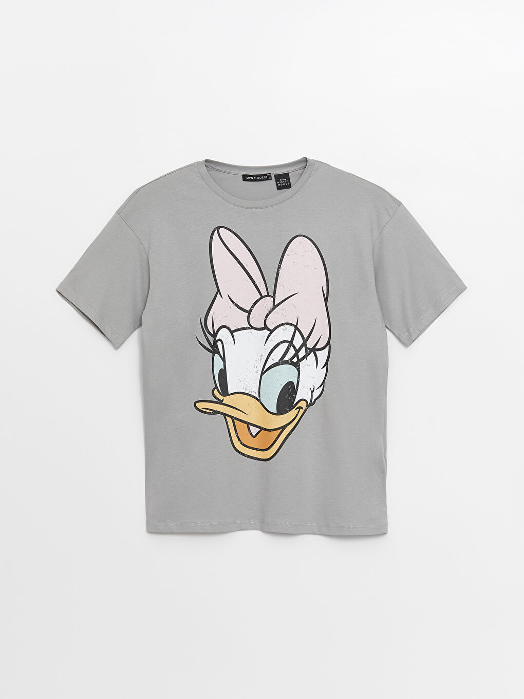 LCW Modest Gri Bisiklet Yaka Daisy Duck Baskılı Kısa Kollu Oversize Kadın Tişört - 5