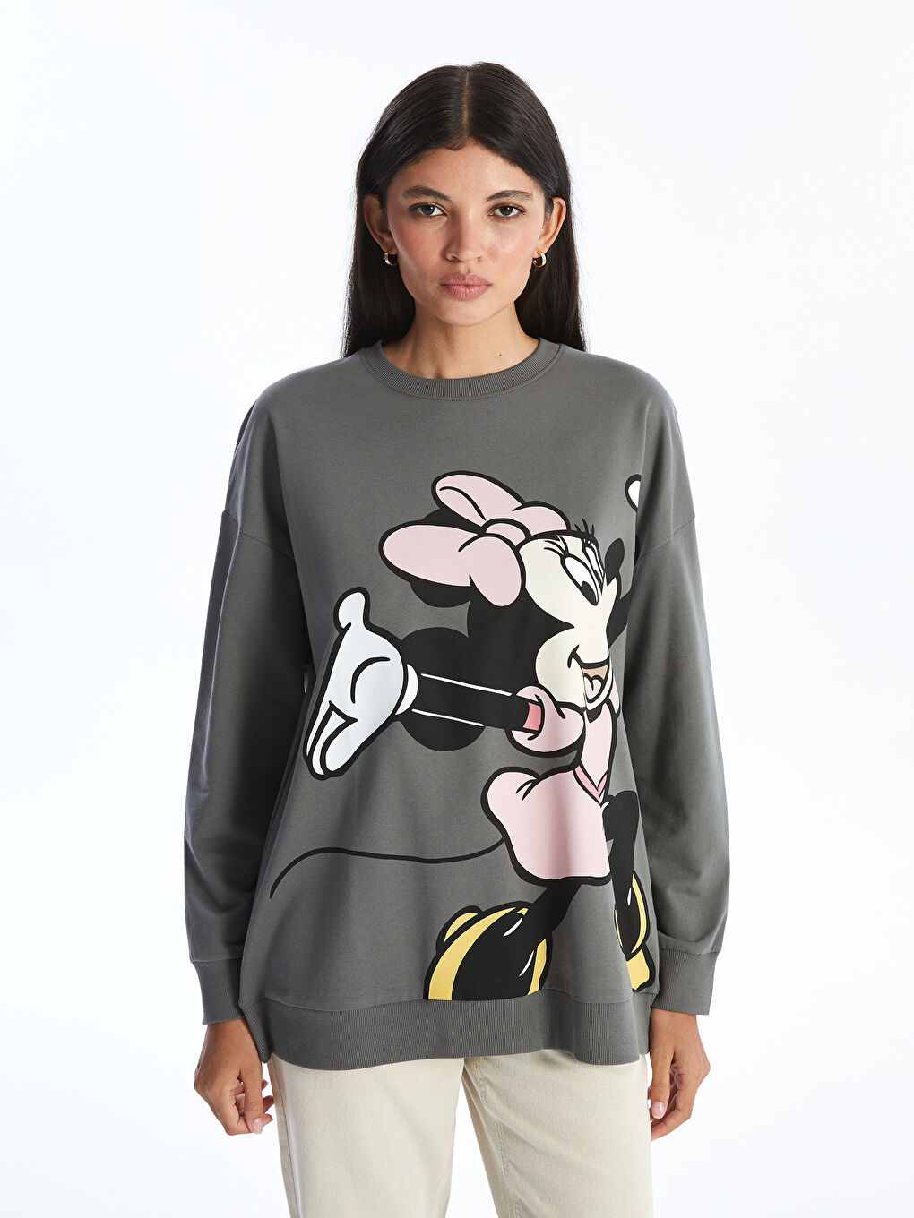 LCW Modest Crew Neck Minnie Mouse Printed Women's Sweatshirt -S49387Z8-GYV