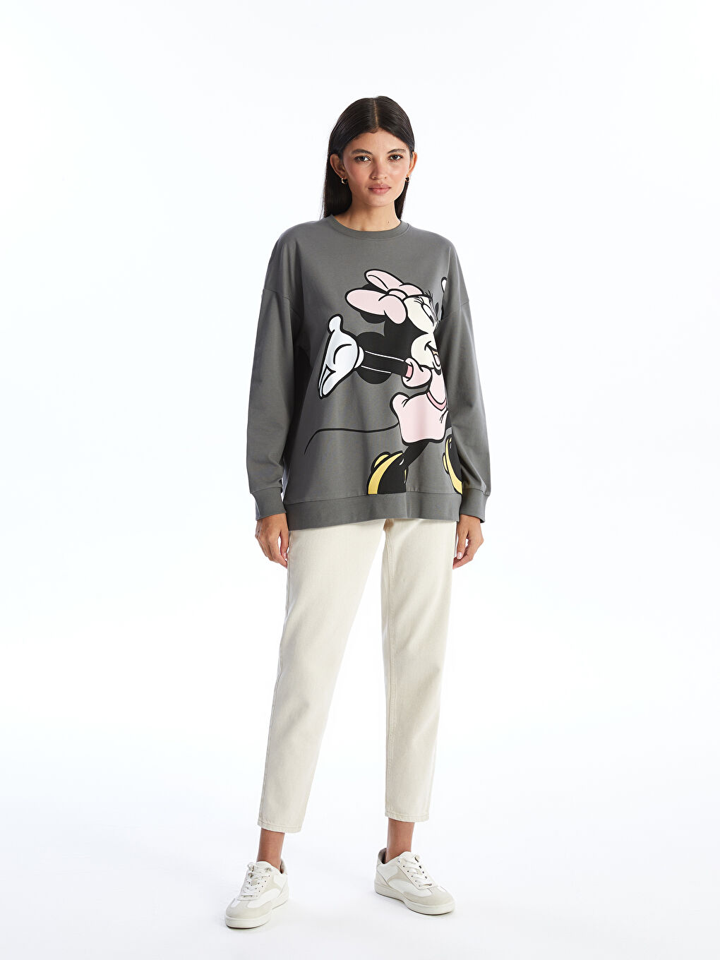 LCW Modest Crew Neck Minnie Mouse Printed Women's Sweatshirt -S49387Z8-GYV