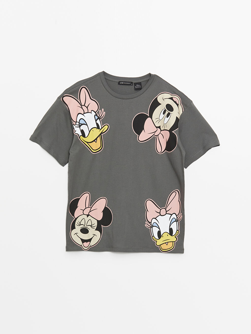 Gri Bisiklet Yaka Mickey ve Arkadaşları Baskılı Kısa Kollu Oversize Kadın Tişört-5