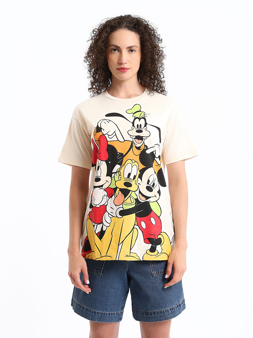 قميص نساء واسع كم قصير مطبوع ميكي والأصدقاء كول مدور-1