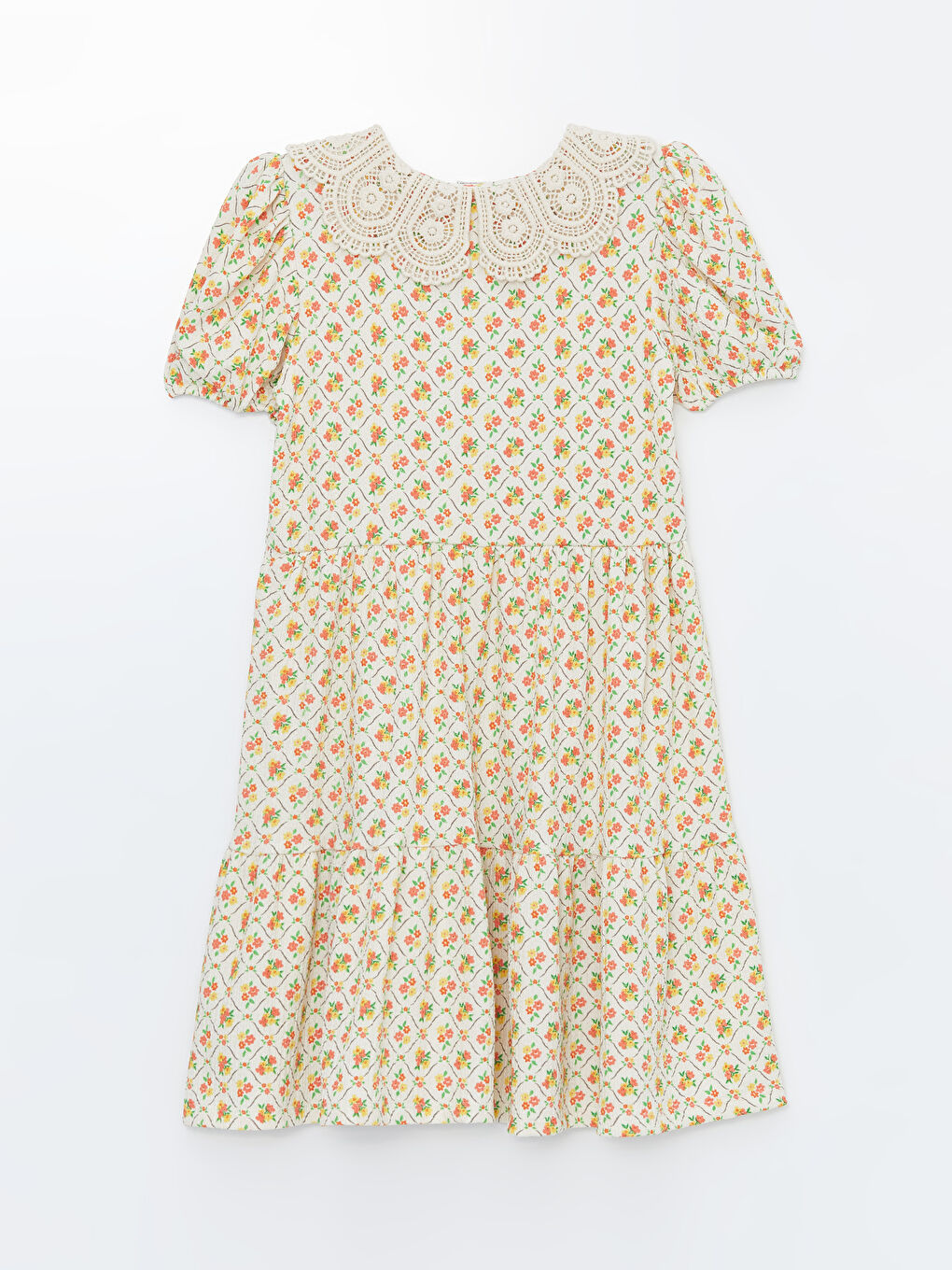 Ekru Bebe Yaka Çiçekli Kız Çocuk Elbise-1