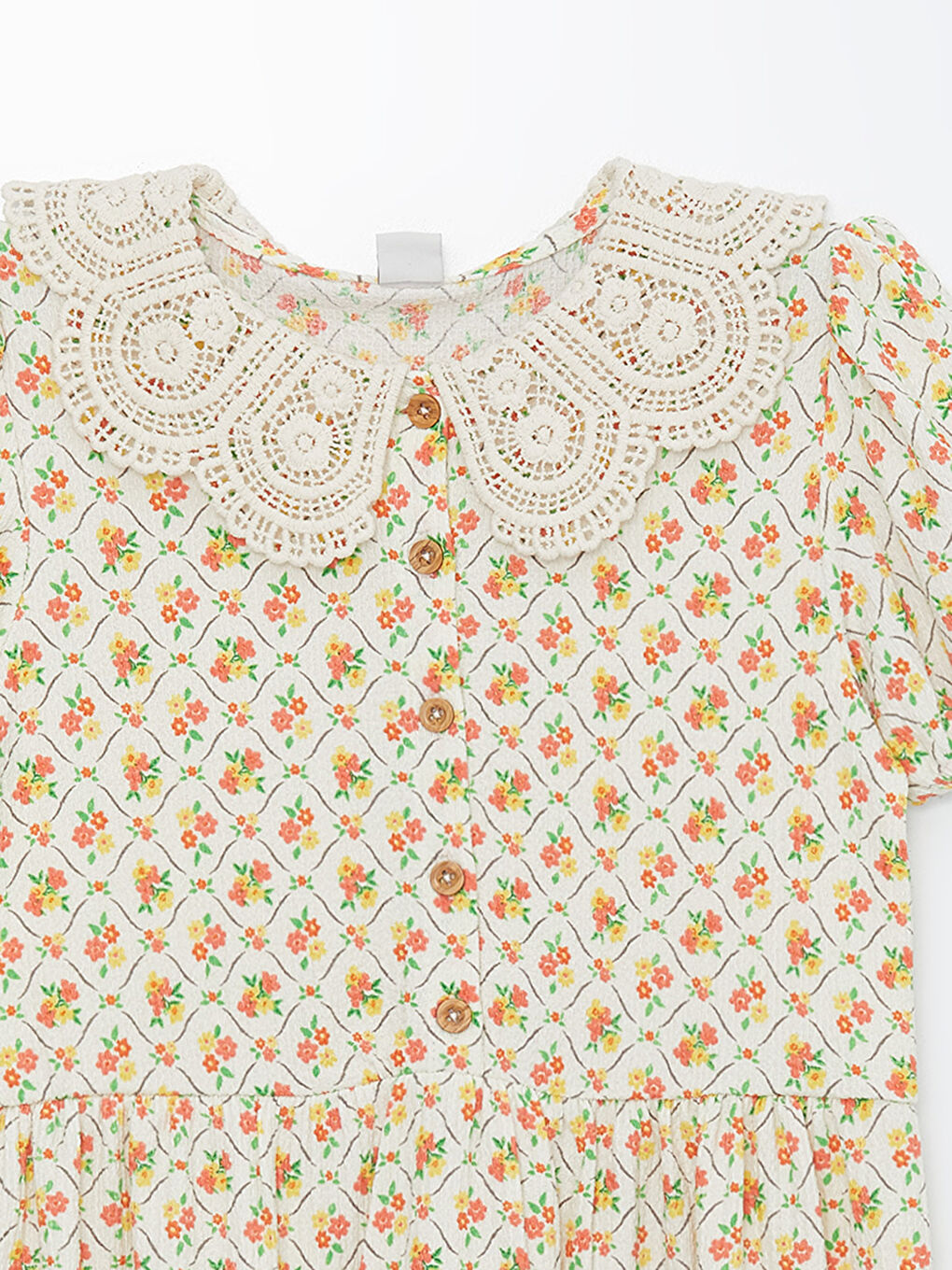 Ekru Bebe Yaka Çiçekli Kız Çocuk Elbise-2