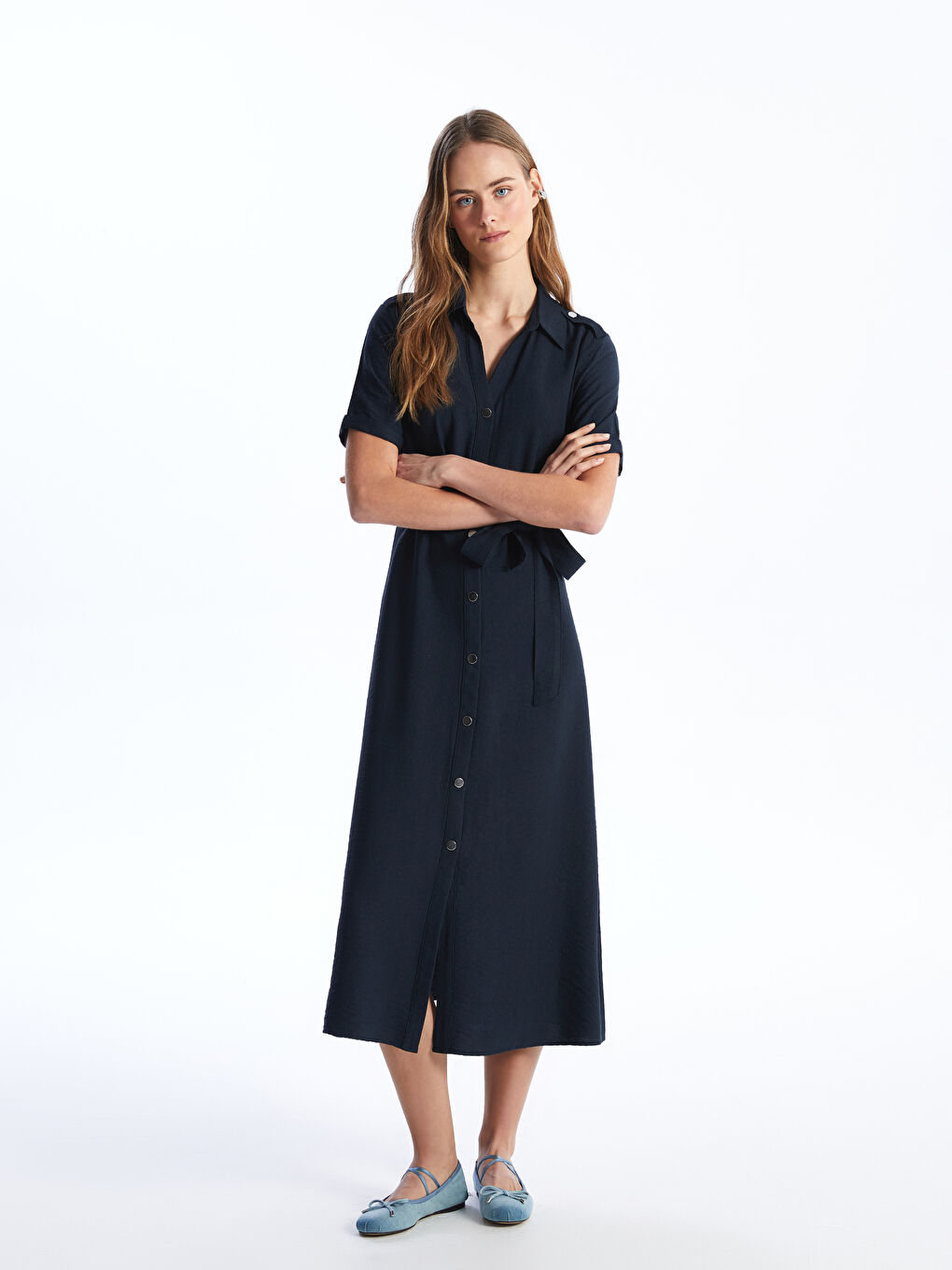 Robe Chemise Unie à Manches Courtes pour Femmes