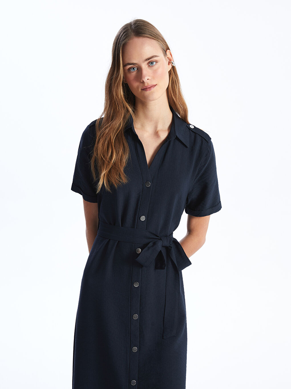 Robe Chemise Unie à Manches Courtes pour Femmes-2