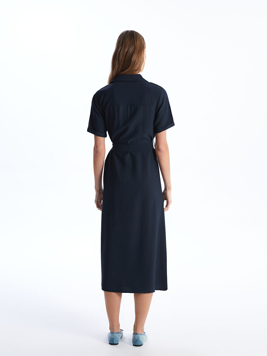 Robe Chemise Unie à Manches Courtes pour Femmes-4