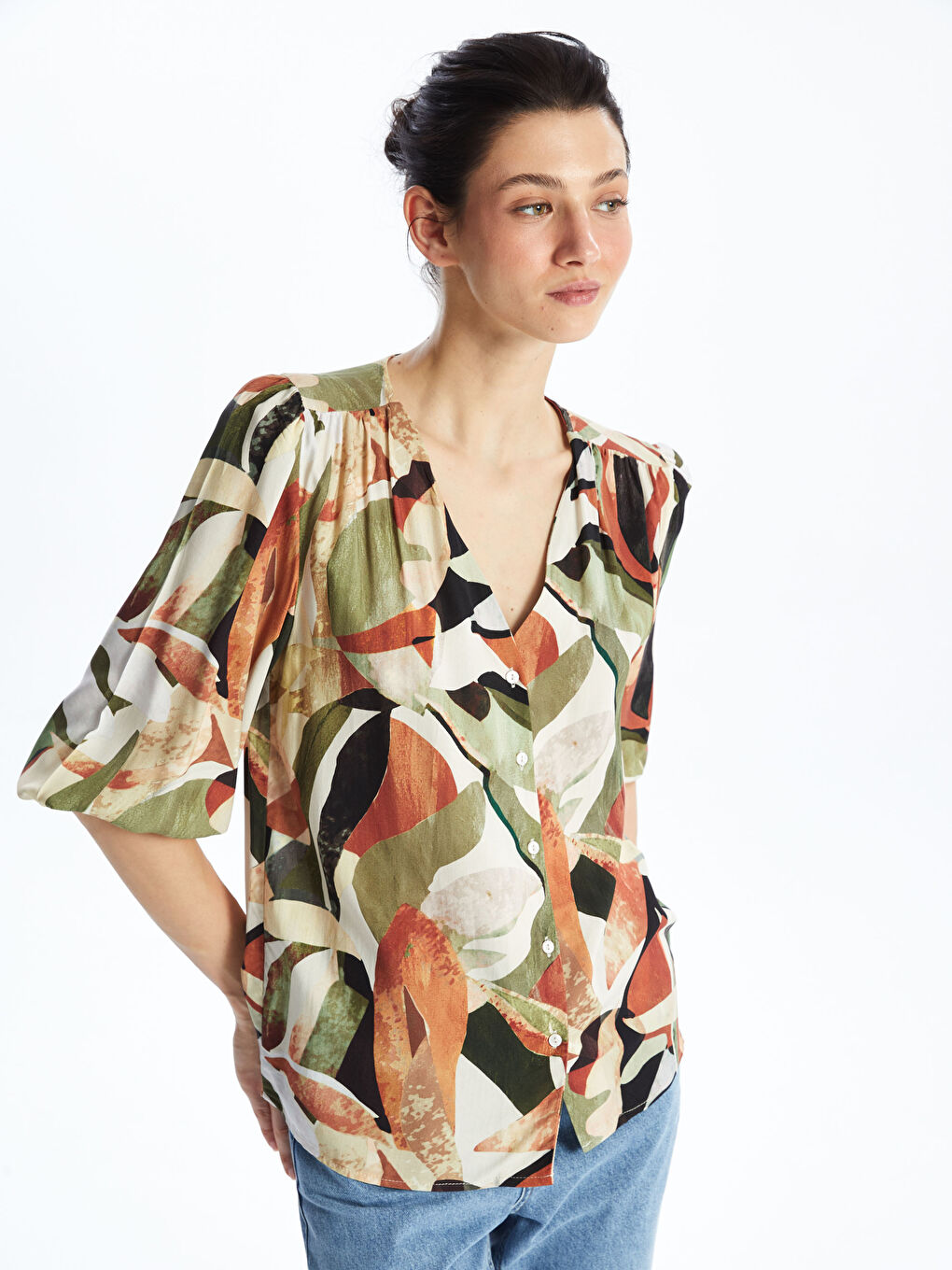 V-Neck Patterned Women's Blouse -S49665Z8-F9C