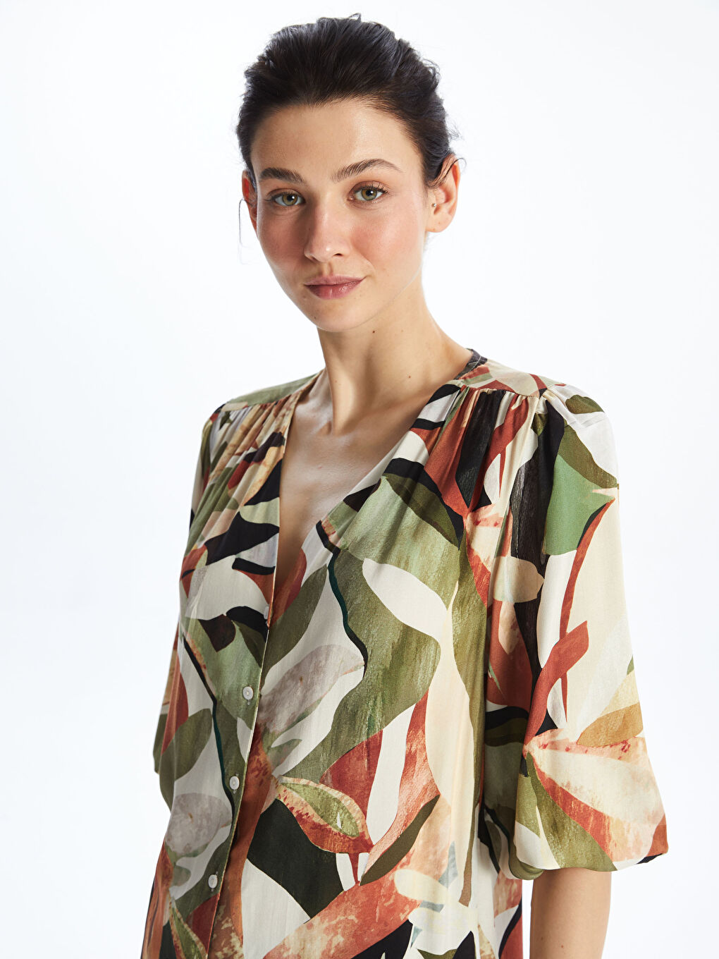 V-Neck Patterned Women's Blouse -S49665Z8-F9C