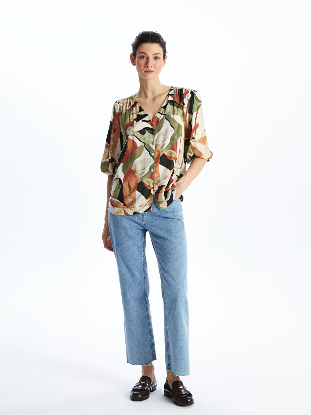V-Neck Patterned Women's Blouse -S49665Z8-F9C