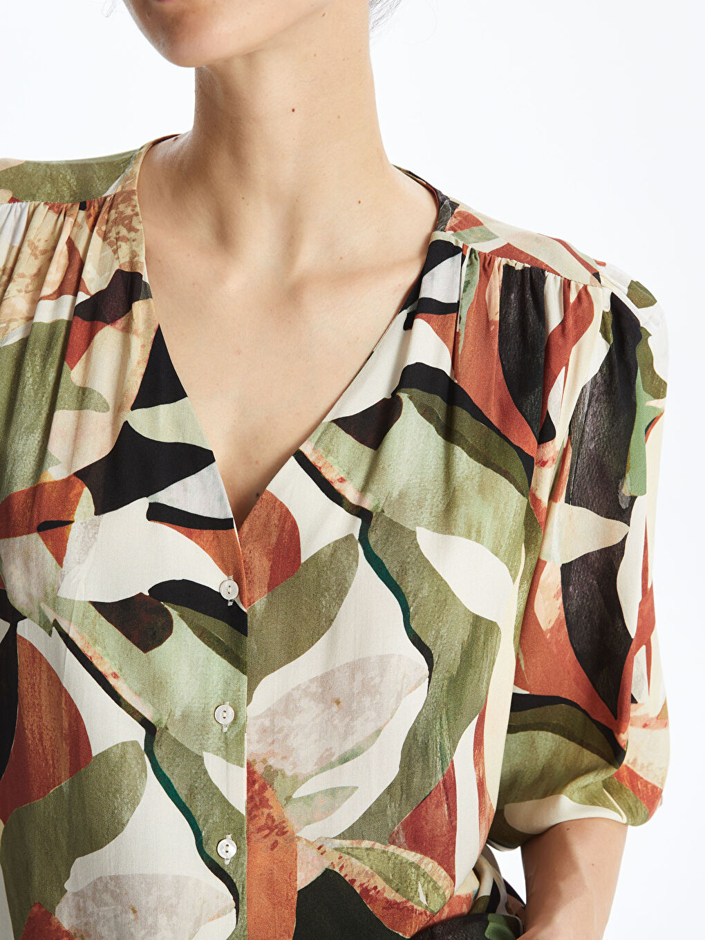 V-Neck Patterned Women's Blouse -S49665Z8-F9C