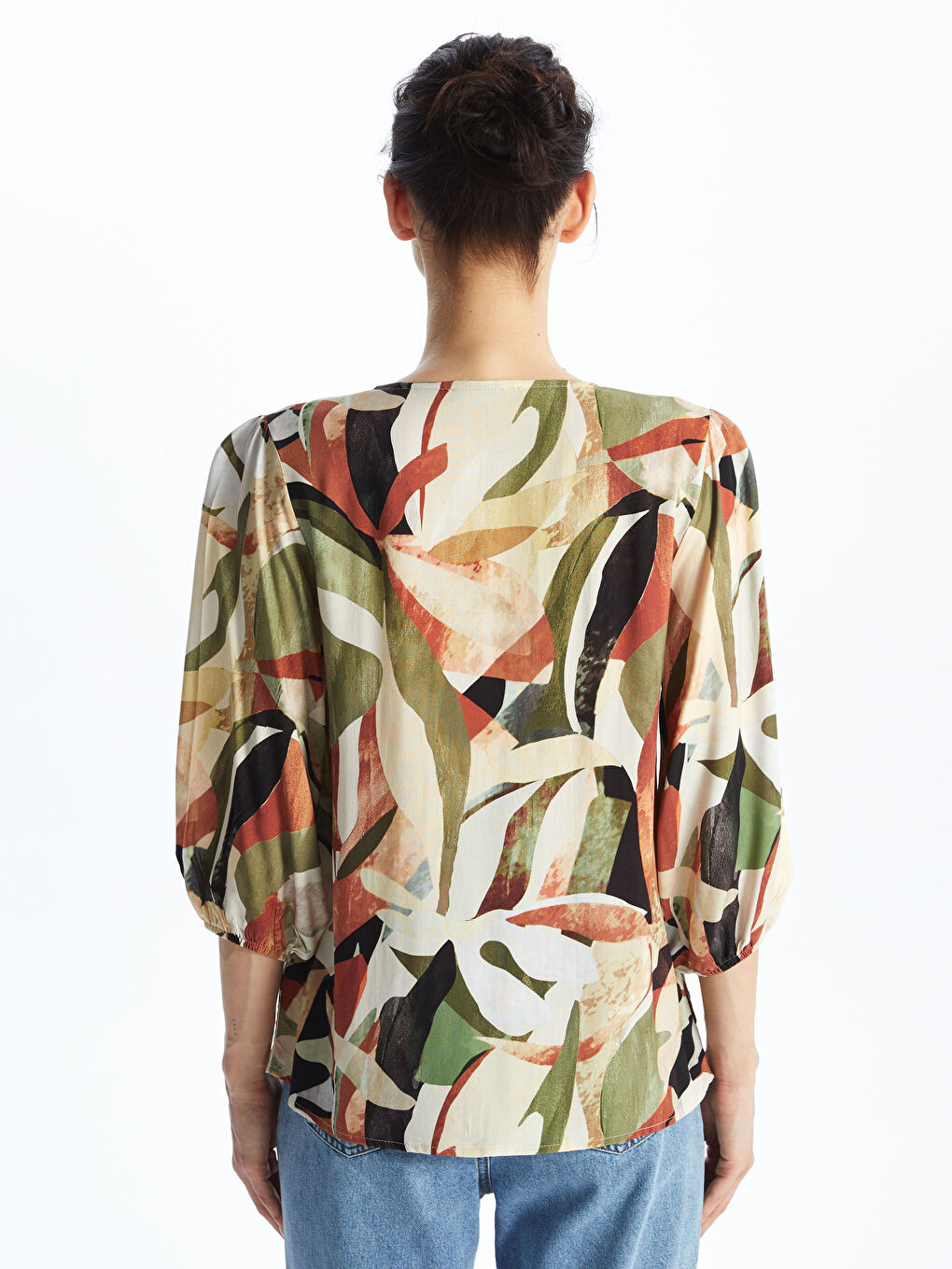 V-Neck Patterned Women's Blouse -S49665Z8-F9C