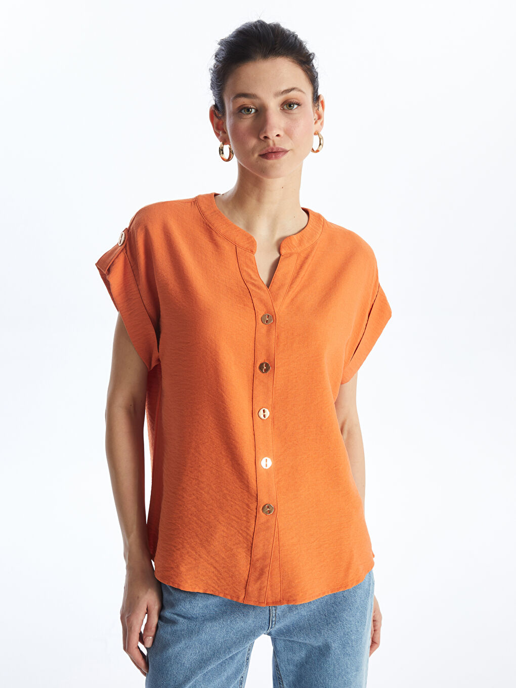 Henley Neckline Straight Short Sleeve Women Blouse -S49666Z8-VHX