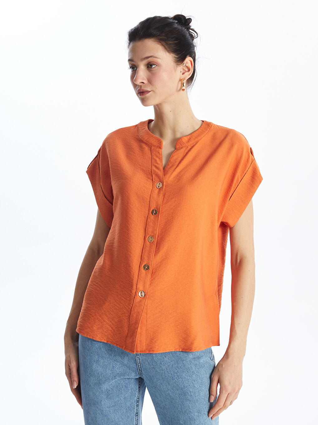 Henley Neckline Straight Short Sleeve Women Blouse -S49666Z8-VHX