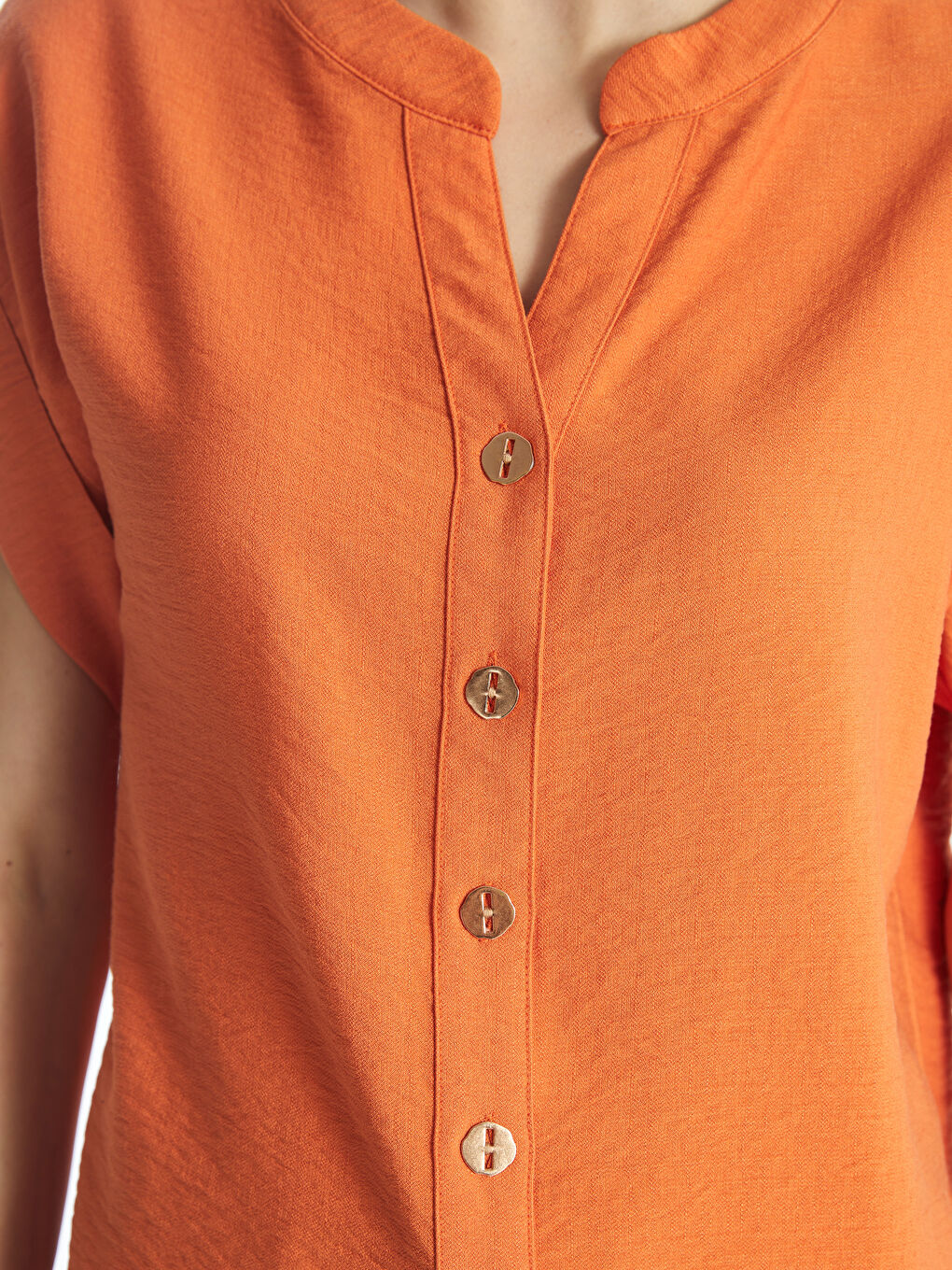 Henley Neckline Straight Short Sleeve Women Blouse -S49666Z8-VHX