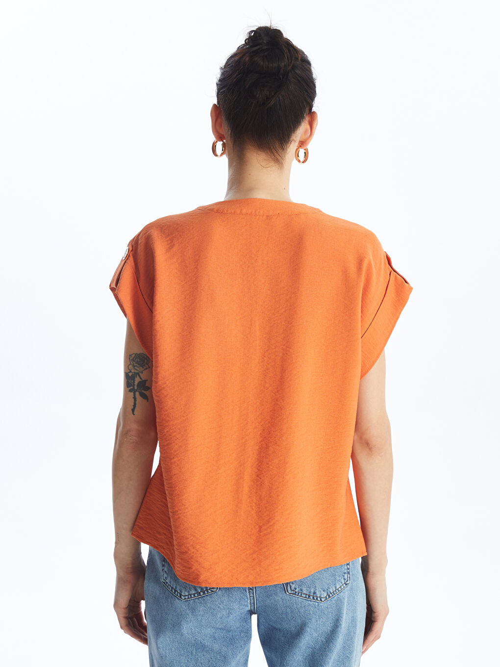 Henley Neckline Straight Short Sleeve Women Blouse -S49666Z8-VHX