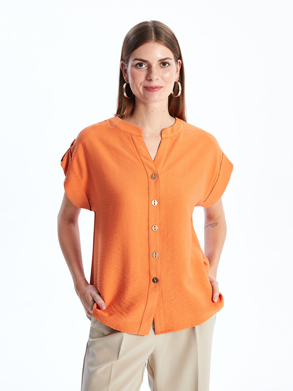 Henley Neckline Straight Short Sleeve Women Blouse -S49666Z8-VHX